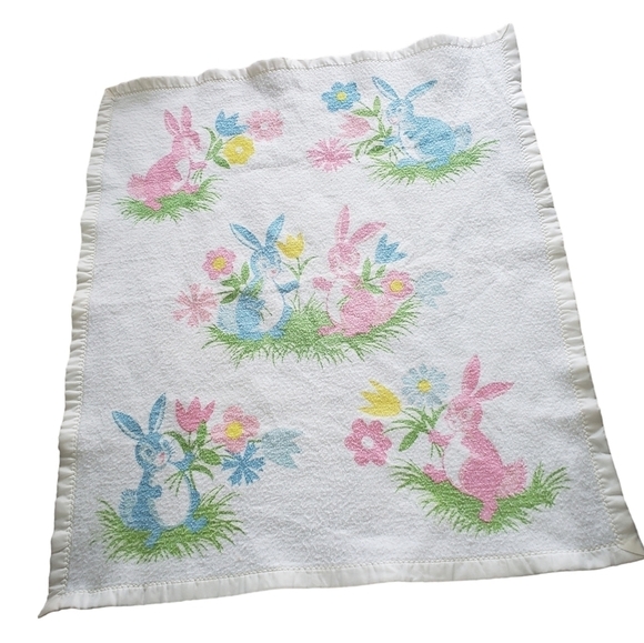 Vintage Chatham Pastel Bunny Rabbit Satin Trim Baby Blanket Fuzzy Fleece USA - Picture 8 of 8